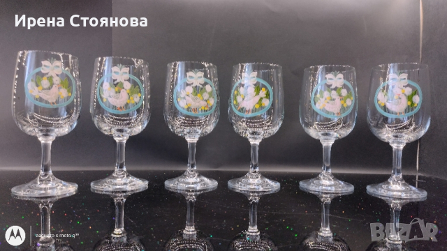 Комплект от уникални, ръчно  рисувани, тънкостенни, кристални чаши за вино. Декор птици, снимка 4 - Чаши - 44890964
