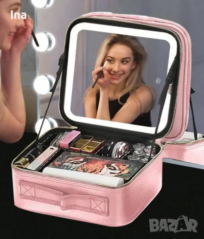 Розова козметична чанта с лед огледало, снимка 1