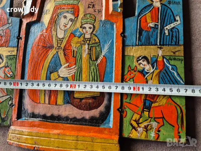 Възрожденска Домашна Икона Триптих Перфектна оригинал 19 век , снимка 13 - Икони - 47725243