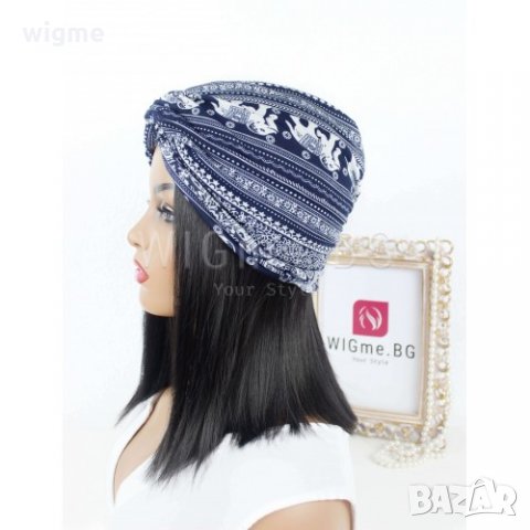 Тюрбан за коса в етно стил тъмносиньо и бяло, снимка 2 - Аксесоари за коса - 33650206
