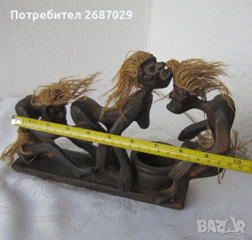  23 см дълга композиция от дърво с дървен съд, негри, негър, снимка 6 - Статуетки - 37587914
