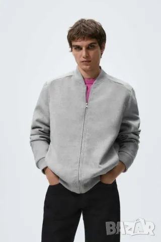 Мъжко яке тип бомбър с рипсена яка и дълги ръкави Zara, Сиво, XL