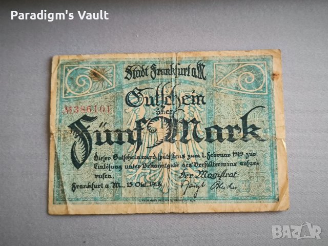 Райх банкнота - Германия - 5 марки | 1918г., снимка 3 - Нумизматика и бонистика - 44131043