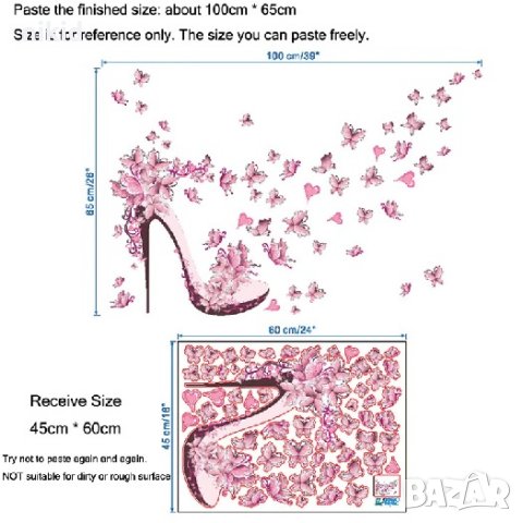 Дамска обувка с ток и розови пеперуди самозалепващ стикер лепенка за стена мебел, снимка 2 - Други - 26974594