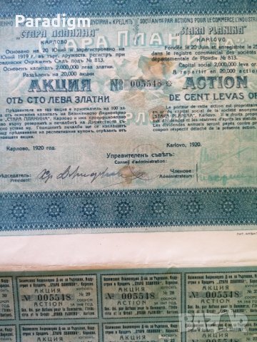 Акция за 100 лв. | Акционерно др-во "Стара планина" | 1920г., снимка 4 - Нумизматика и бонистика - 33533267