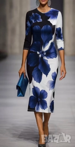 Синя рокля на цветя, нова, с еластан