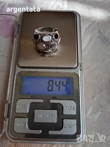 Масивен сребърен пръстен със седеф, оникс и маркизети, снимка 2 - Пръстени - 36690338