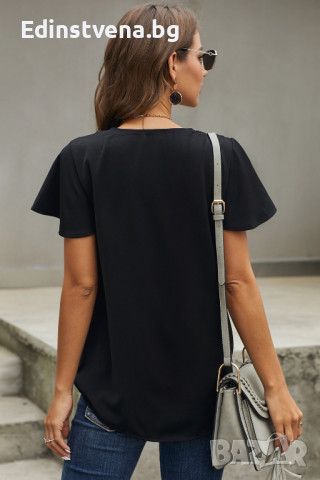 Дамска блуза в черен цвят с V-образно деколте и къси ръкави, снимка 5 - Други - 44862435