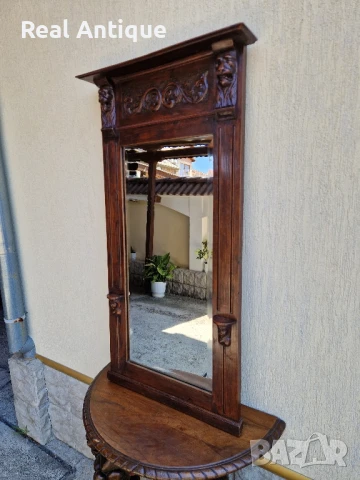 Голямо антикварно английско огледало масив с дърворезба , снимка 4 - Антикварни и старинни предмети - 51083702