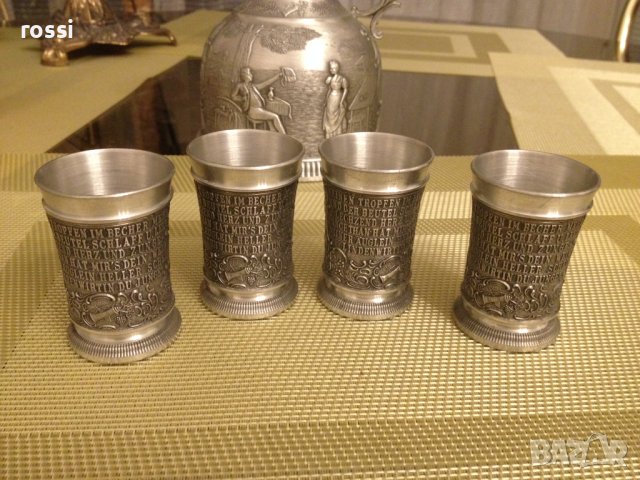 Немски старинен комплект от калай кана чаши серия Lindenwirthin , снимка 11 - Антикварни и старинни предмети - 43170009