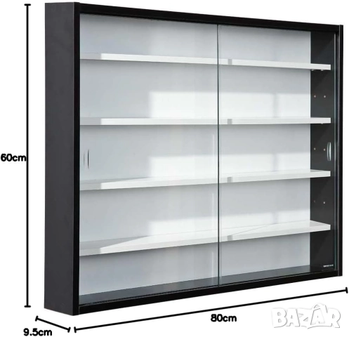 Стилна Витрина със Стъклени Врати Inter Link за Колекции и Миниатюри Черно-Бяла за Стена 80x60x9.5см, снимка 3 - Секции и витрини - 51978644