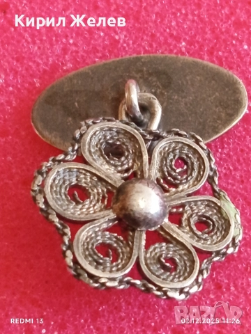 Сребърно ръчно изработено филигранно копче за ръкавели с флорален мотив 17650, снимка 7 - Други - 52623426