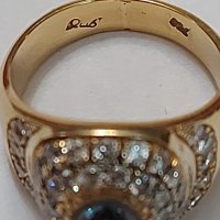 Златен пръстен с брилянти и аквамарин, снимка 3 - Пръстени - 44071430