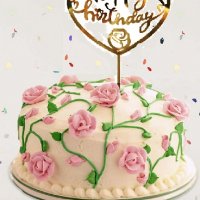Happy Birthday сърце с роза Златист твърд Акрил топер за торта украса, снимка 1 - Други - 26596134
