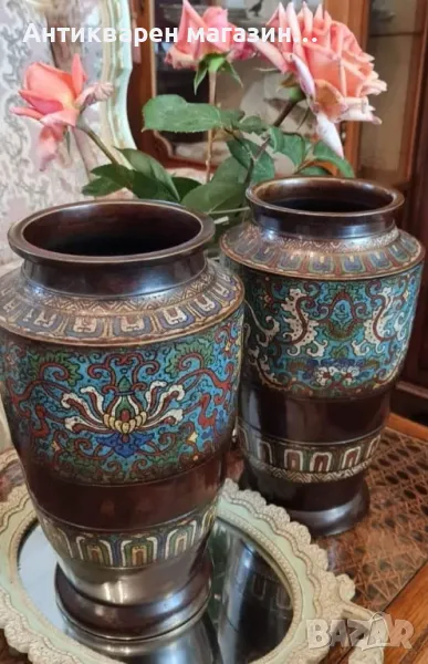 Cloisonne  Античен комплект вази -1920 г. , снимка 1