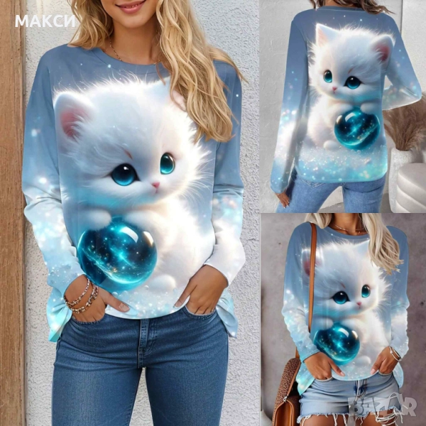 Макси мека гладка и еластична блуза с красива щампа "Коте", снимка 1