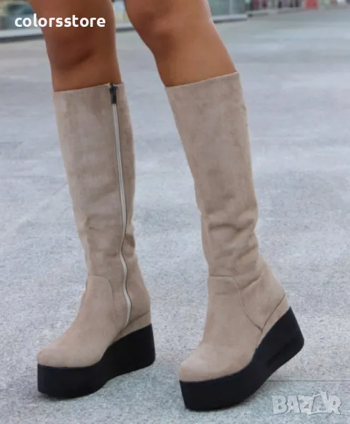 Ботуши на платформа - бежов велур с черно ходило - 136K, снимка 1