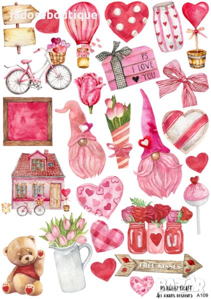 Скрапбук стикери за декорация планер Св. Валентин самозалепващ лист А5 - различни видове, снимка 1