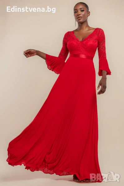 Дамска червена официална дълга рокля с дантела и плисе, снимка 1