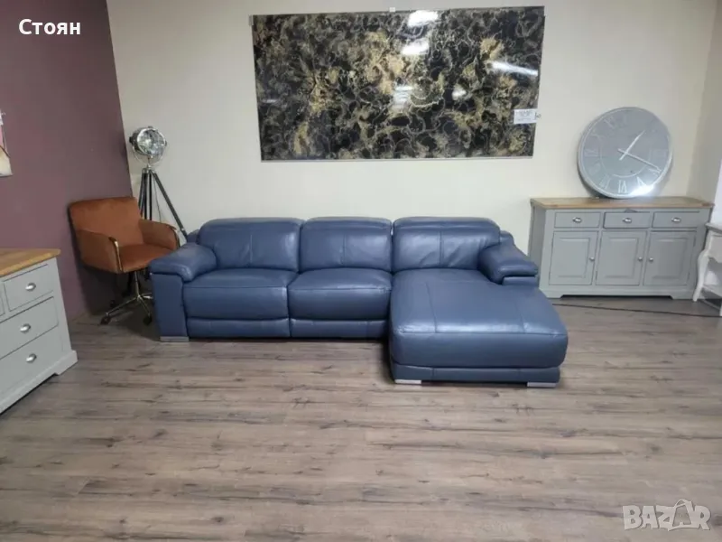 Син кожен ъглов диван Laurence с електрически релакс механизъм, снимка 1
