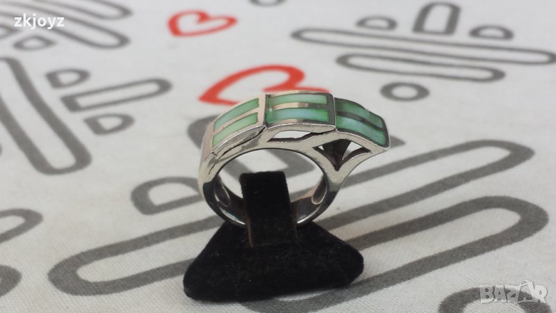 СРЕБЪРЕН ПРЪСТЕН с 6 КАМЪКА от ЗЕЛЕН СЕДЕФ 8.24 ГР. / 925 МАРКИРАН, снимка 1