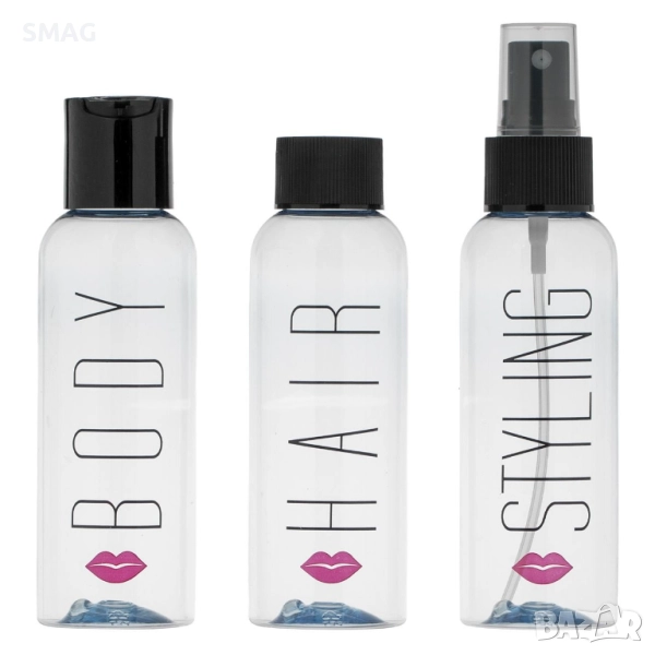 Комплект бутилки за пътуване прозрачни със светло-сини капачки 100 мл – 2 броя_1232493, снимка 1