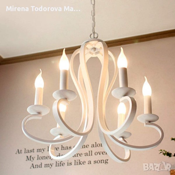 Антична висяща лампа Полилей 6 пламъка Железен свещник Бял Винтидж, снимка 1