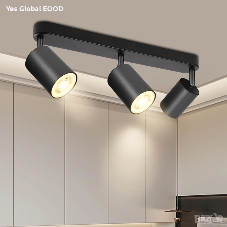 Таванен спот 3 светлини GU10 с въртящи се глави черен, снимка 1