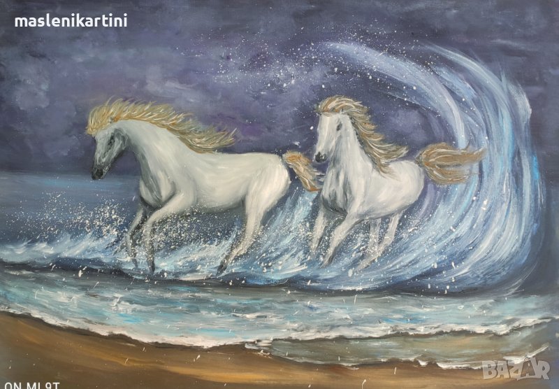 Белите коне и морето маслена картина, снимка 1