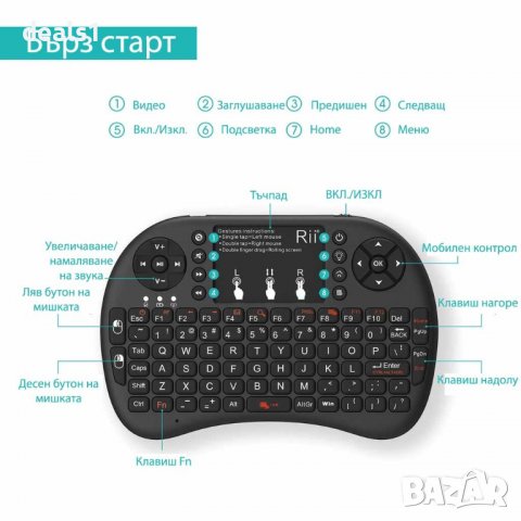 Rii I8 2.4 GHz Мини безжична клавиатура с подсветка и тъчпад Бяла/Черна, снимка 15 - Клавиатури и мишки - 39906974
