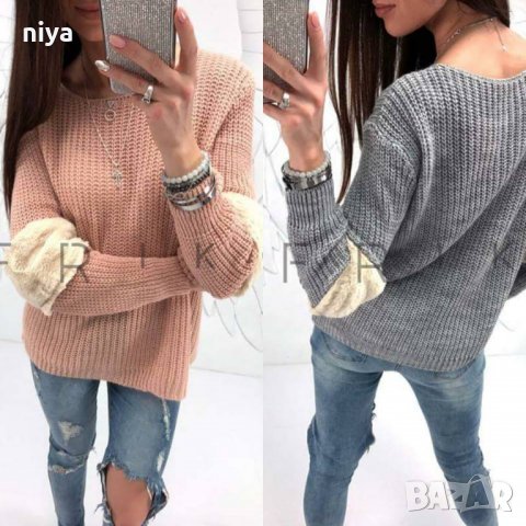 Пуловер със естествен пух на ръкава в черно и зелено - ( М, Л и ХЛ)