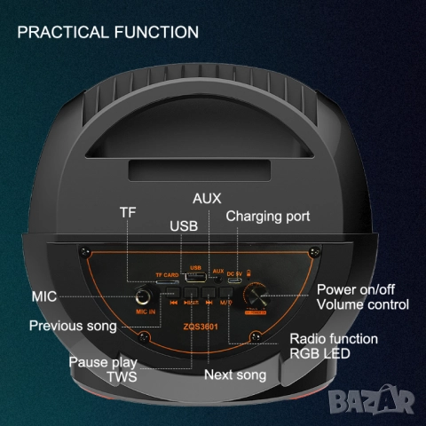 Bluetooth високоговорител ZQS 8230 с микрофон 20W x 2 батерия 4500Mah, USB, AUX и TF карта, снимка 4 - Bluetooth тонколони - 52450966
