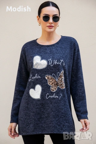 Макси дамска блуза с щампи на пеперуда и сърца 9648, снимка 4 - Блузи с дълъг ръкав и пуловери - 47701159