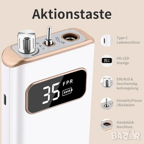 Професионална електрическа пила за нокти Enniewi 35000 RPM със зарядна станция, снимка 6 - Продукти за маникюр - 53265984