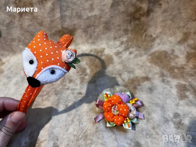 Комплект брошка и диадема с лисица в оранжево Ръчна Изработка Аксесоари , снимка 4 - Аксесоари за коса - 47573166