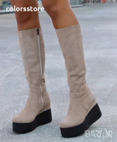 Ботуши на платформа - бежов велур с черно ходило - 136K