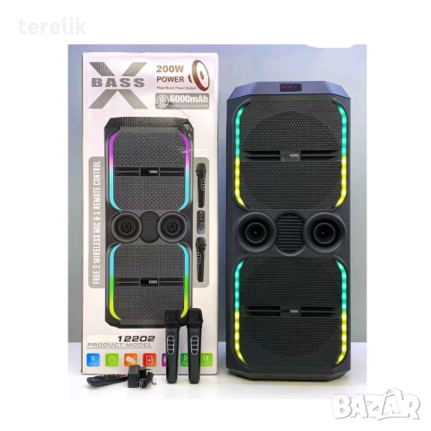 🔊 ABS-12202 – 12”×2 Xbass 200W 6000mah-50лв Професионална караоке тонколона, Bluetooth, 2 микрофонa, снимка 18 - Караоке - 51831232