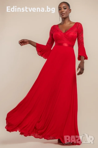 Дамска червена официална дълга рокля с дантела и плисе