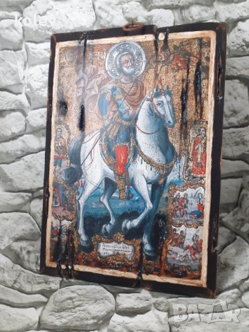икона Свети Мина на кон със светци 33/23 см - УНИКАТ, декупаж, 105 лв, снимка 3 - Икони - 37177568