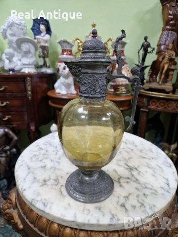 Стара рядка антикварна османска гарафа декандер метал стъкло 