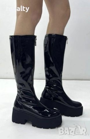 Ботуши на платформа - черен лак, снимка 2 - Дамски ботуши - 53282490