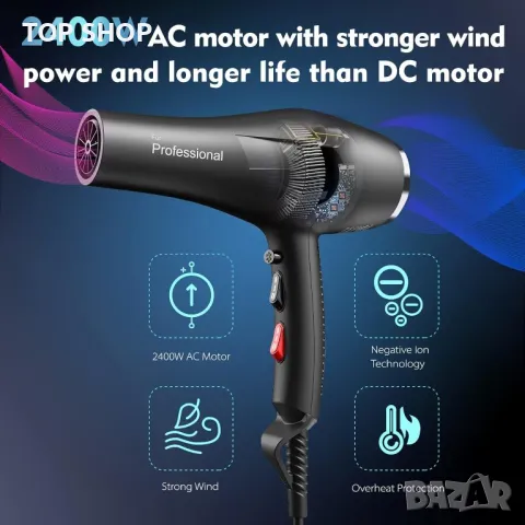 HappyGoo,Професионален йонен сешоар 2400W, с дифузер,4 накрайникак, снимка 4 - Сешоари - 48670386