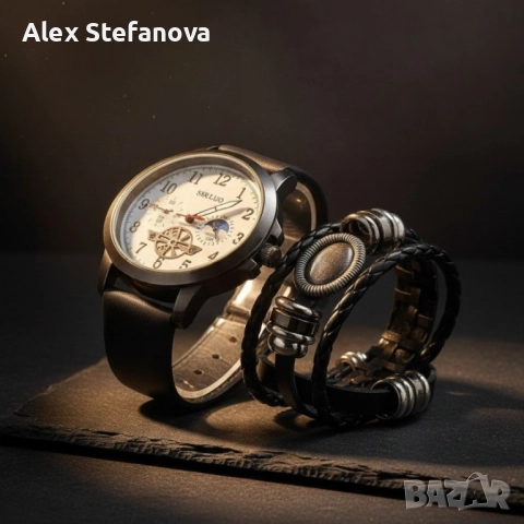 Мъжки часовник с големи цифри и подаръчна гривна – стил и практичност в готов комплект, снимка 3 - Мъжки - 52812277