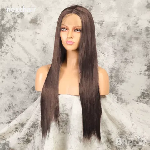 Дълга кестенява права перука 80 см с дантела 13×4×1