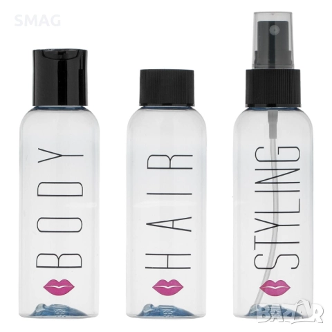 Комплект бутилки за пътуване прозрачни със светло-сини капачки 100 мл – 2 броя_1232493