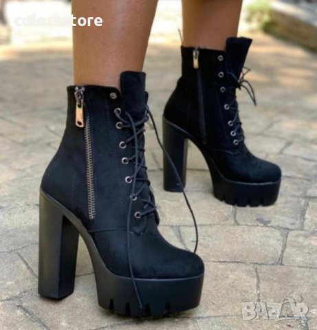 Боти на ток - черен велур с черно ходило - BT13, снимка 2 - Дамски боти - 36528924