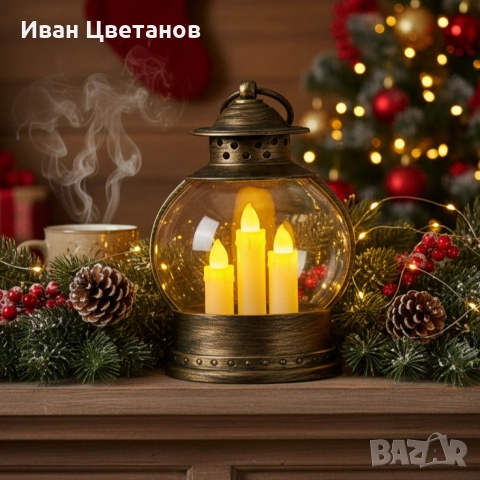 Декоративен коледен фенер с три LED свещи – безопасна и магична светлина