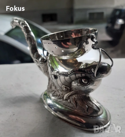 Стара антикварна сребърна цедка за чай с дракон - маркировки, снимка 4 - Антикварни и старинни предмети - 53327569