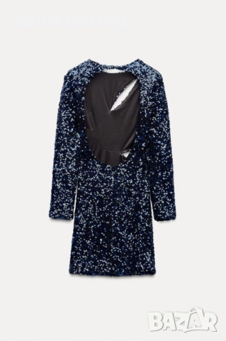 Впечатляваща парти рокля Zara с пайетки –синя, размер М,нова с етикет!, снимка 5 - Рокли - 52348699