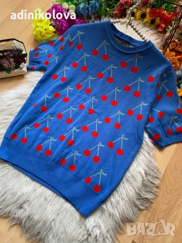 Син екип/комплект плетиво с череши, снимка 2 - Комплекти - 48013756